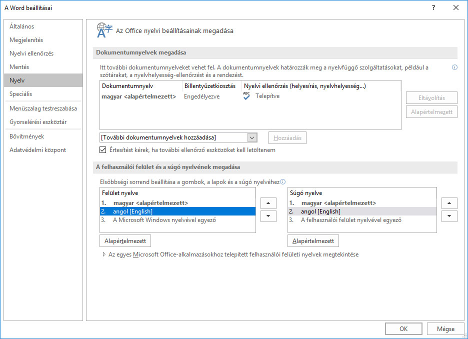A képen az Office progrma nyelvi beállításai láthatóak